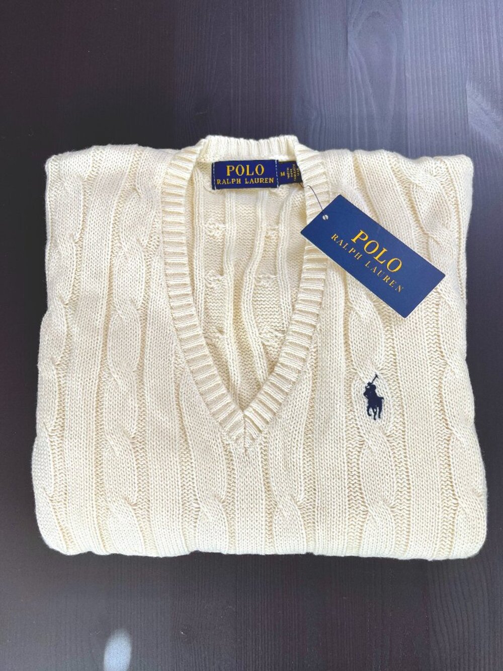 Polo Ralph Lauren Women's Cream Cable Knit V Neck Sweater Size M NWT